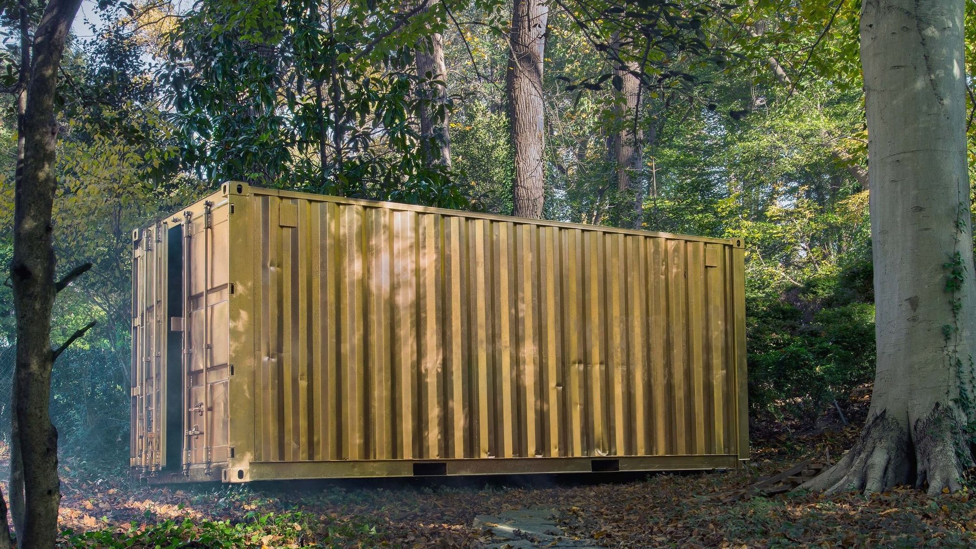 The first Portal — a gold shipping container standing among trees in Washington DC