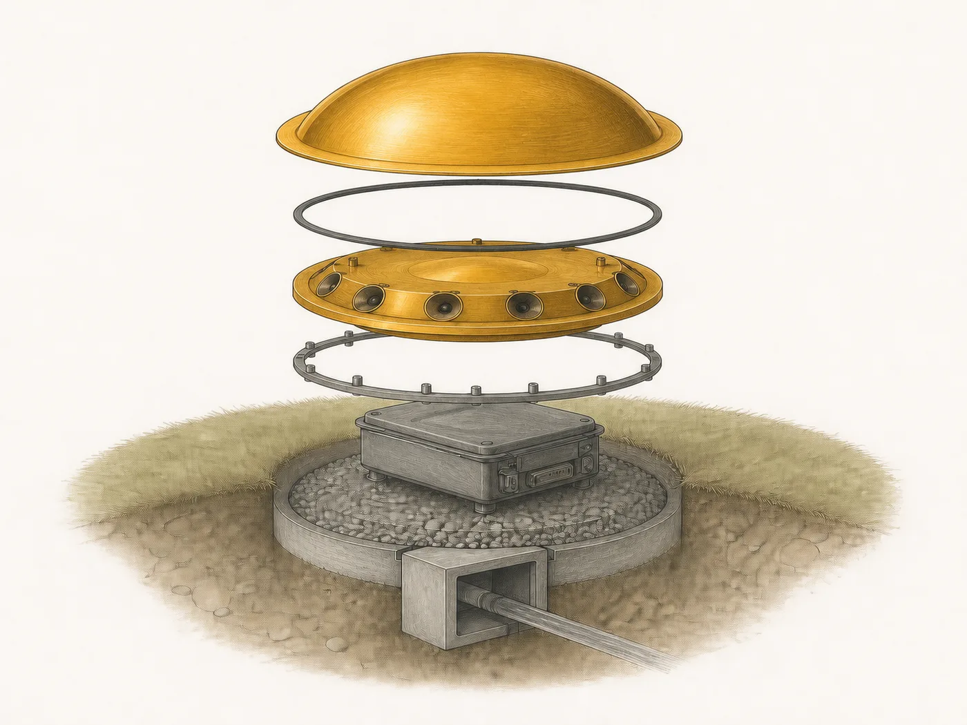 An exploded axonometric drawing of the dome: the gold shell, a gasket ring, a ring of drivers, a mounting collar, and a buried equipment vault on a gravel bed with conduit running out to one side