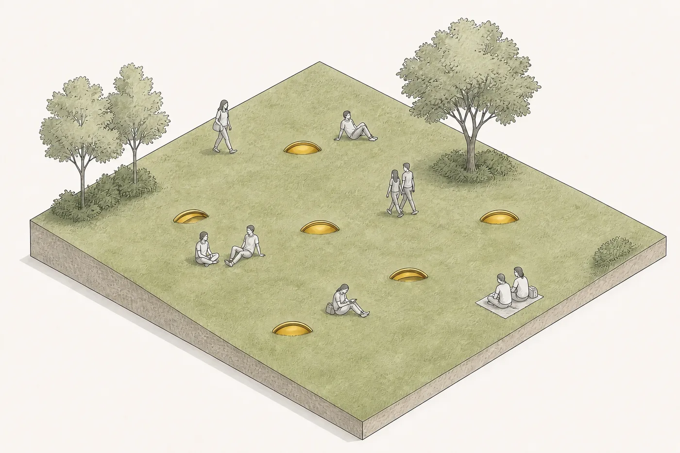 An axonometric drawing of a single park lawn with six gold domes set into the grass, each one listening to a different country, and people sitting, lying and walking between them