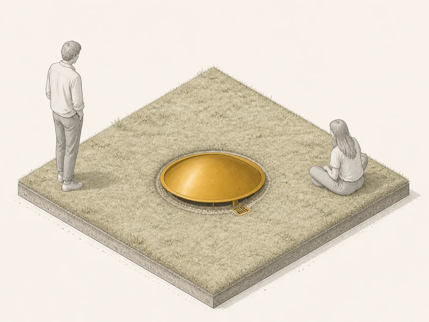 An axonometric drawing of a gold dome set flush into a patch of grass, with a man standing beside it and a woman sitting on the ground next to it