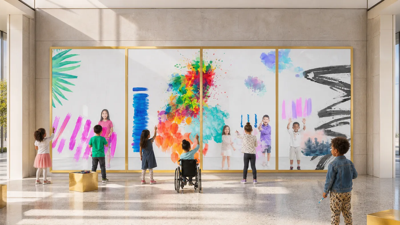 Children in two locations painting together on a large shared digital canvas