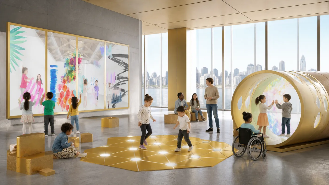 Six gold playground elements arranged together in an open hall — a painting canvas, drums, a seesaw, a hexagonal floor, a tunnel and a raised lookout