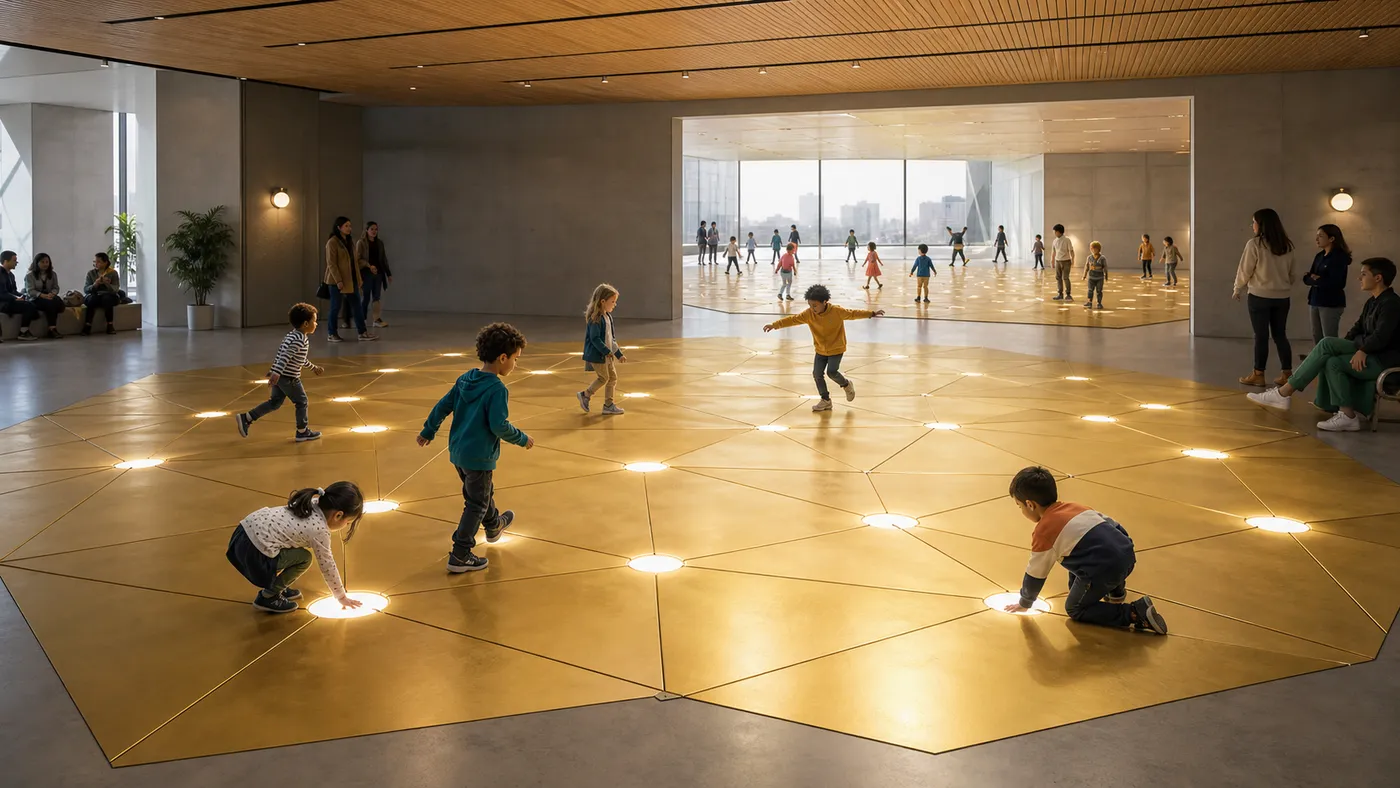 Children playing across a golden interactive floor connected to a distant hall