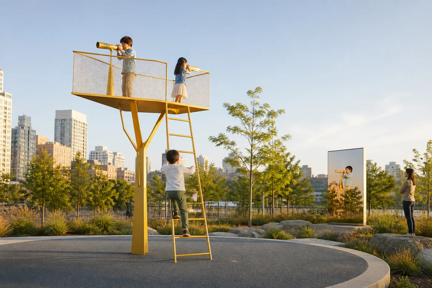 Children using golden lookout telescopes from a raised platform