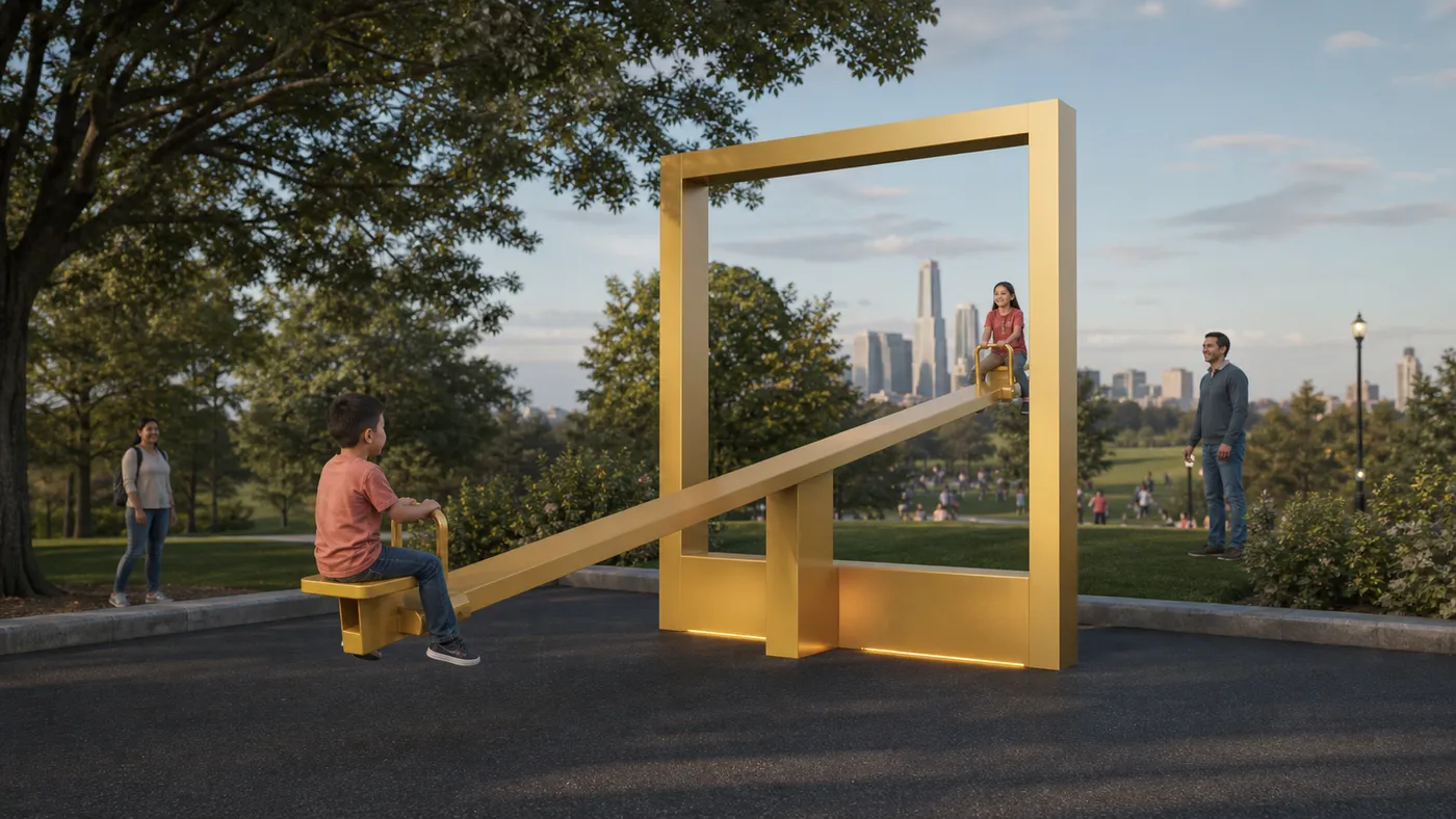 A golden seesaw appearing to continue through a portal into another park