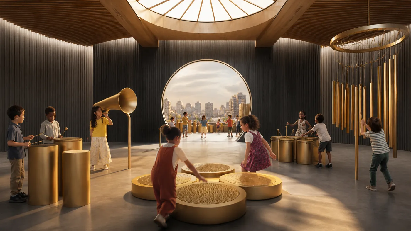 Children making music with golden instruments across a connected play space