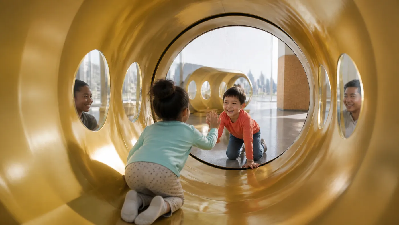 Two children meeting through a golden connected play tunnel