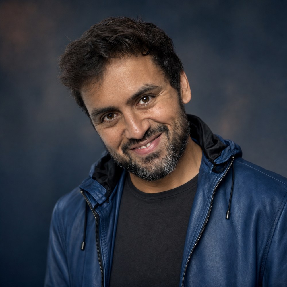 Amar C. Bakshi in a blue jacket against a dark background