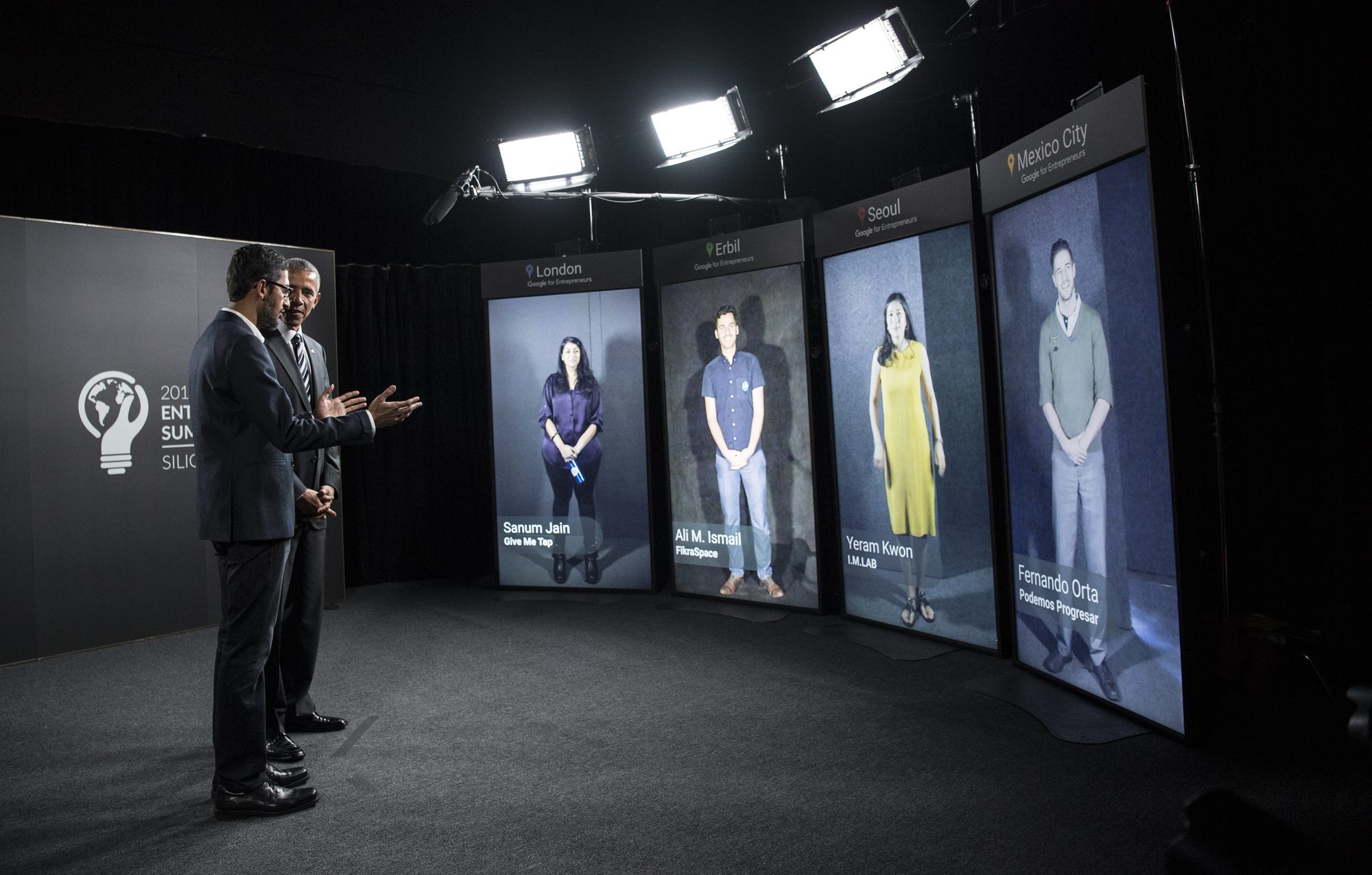 President Obama speaking to social entrepreneurs through a Portal at Stanford, 2016