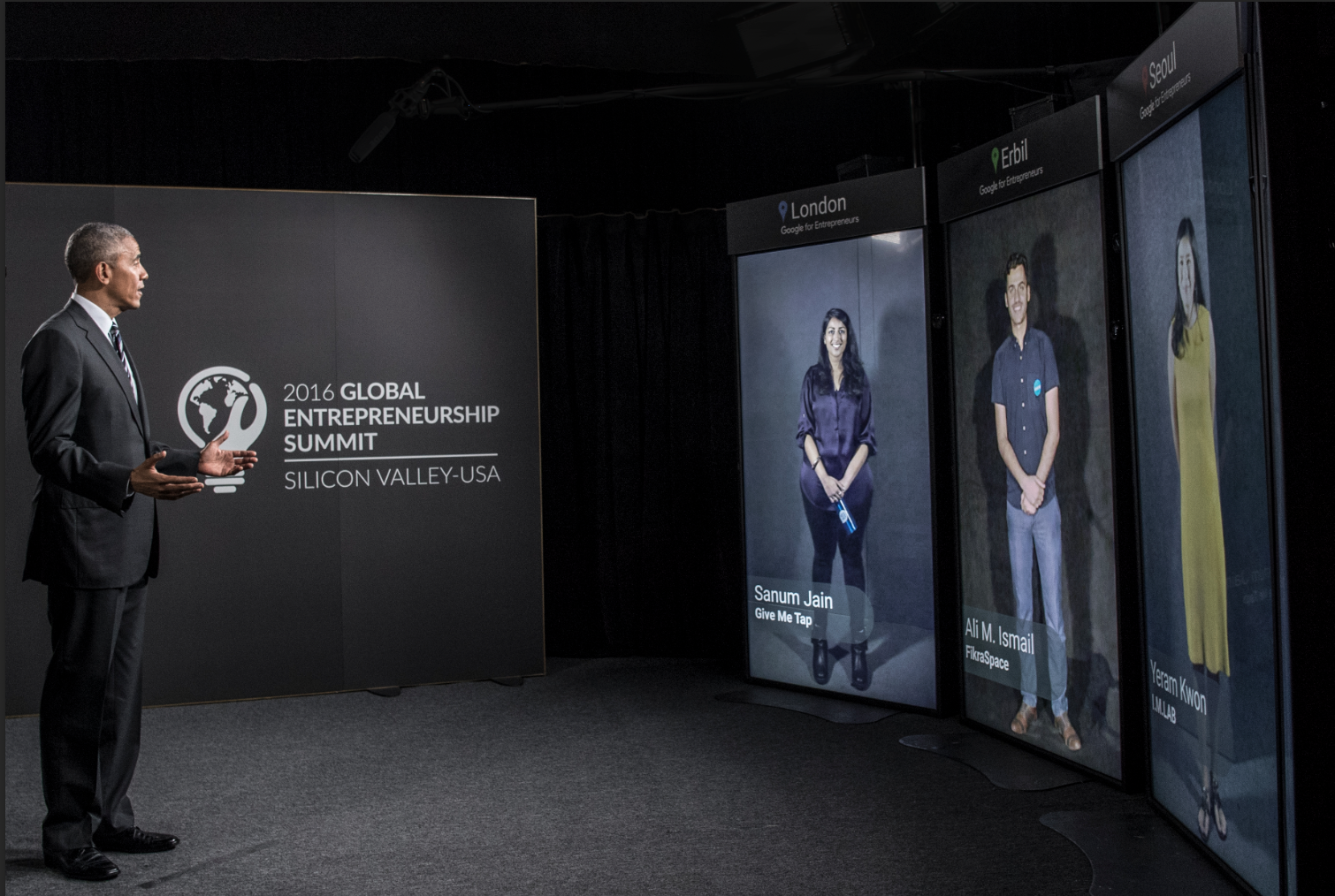 President Obama addressing entrepreneurs in London, Erbil and Seoul through Portals at the 2016 Global Entrepreneurship Summit