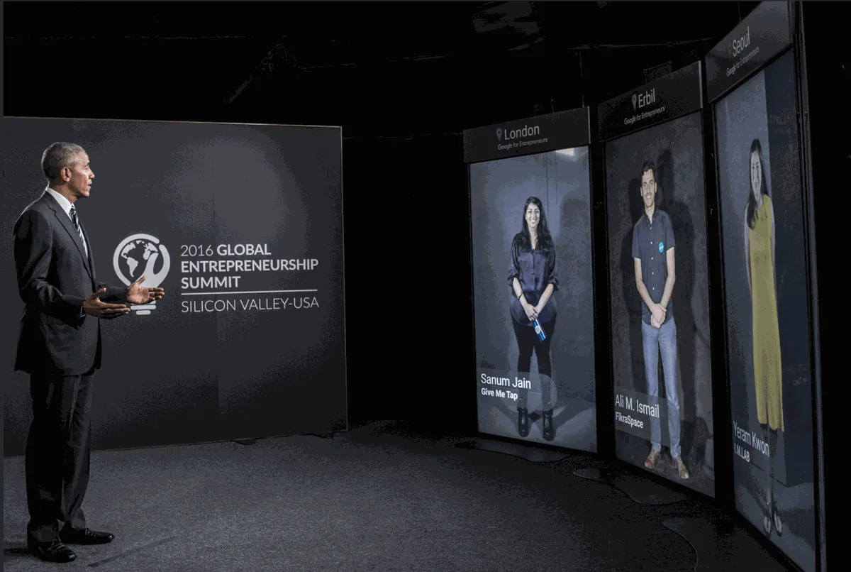President Obama addressing entrepreneurs in London, Erbil and Seoul through Portals at the 2016 Global Entrepreneurship Summit