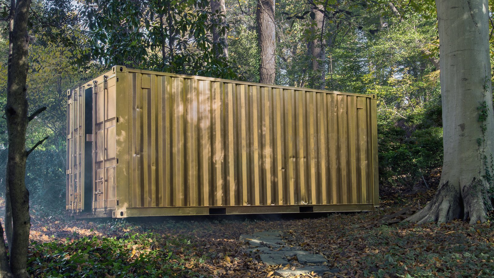 A gold Portal standing among trees in Washington, DC, with a stone path leading to its open door